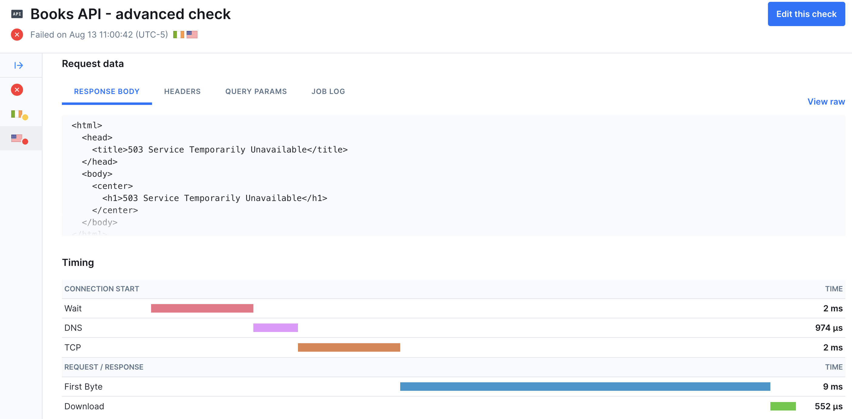 The detail view when an API check fails